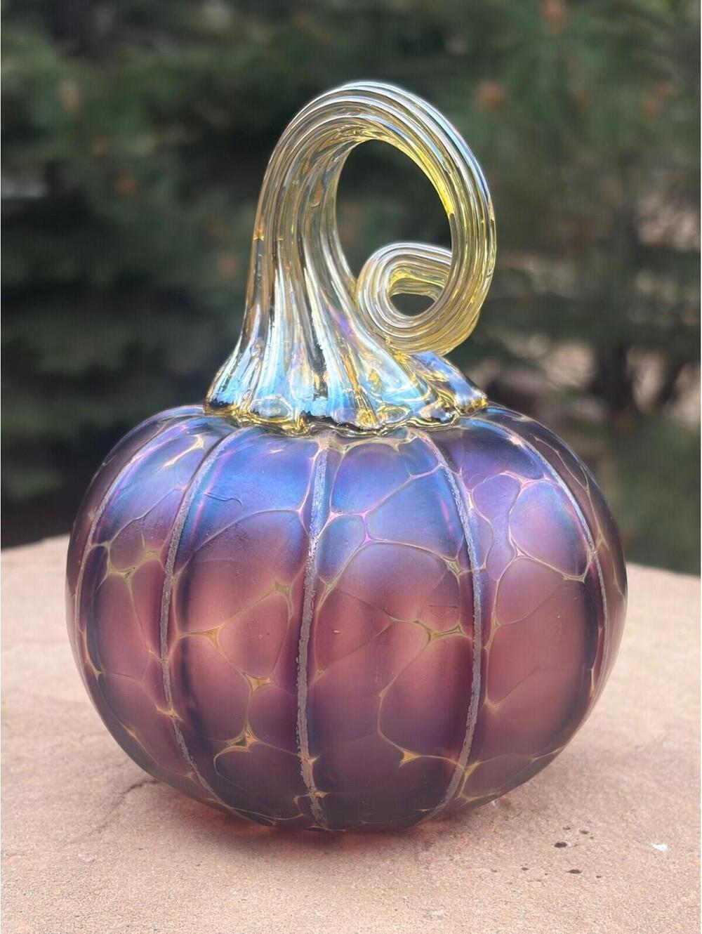 Iridescent Purple Glass Pumpkin Figurine with spiral stem Hand Blown
